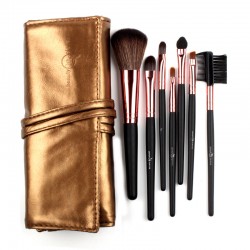 7 Makeup Brush Set Kit in Sleek Golden Leather Bag Portable Make up Brushes
